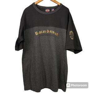 Harley Davidson Vintage Ringer T Shirt Large Black Grey Tulsa Oklahoma Y2K